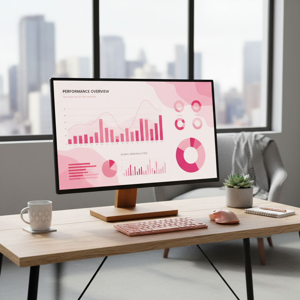 A contemporary desk workspace with a computer. On the computer screen, show stylish pink analytics charts and graphs for a tech-savvy look.