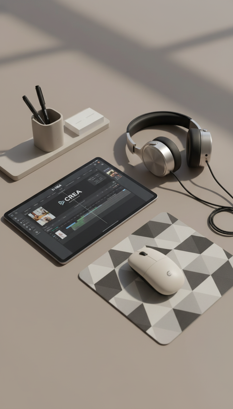 A striking flat lay of a digital video creation setup featuring a branded, slim tablet displaying an open video editing interface beside high-quality over-ear headphones with a brushed aluminum finish. A simple, muted backdrop of soft taupe balances the clean lines of a geometric mousepad and a smooth, neutral-toned desk organizer. Subtle natural light glances across the surface, producing gentle highlights on the tech devices and casting soft, structured shadows. The mood is dynamic and innovative yet visually calm. Composed with asymmetrical balance at a shallow angle, this modern, photographic image perfectly complements a consultant’s focus on digital and video content marketing.