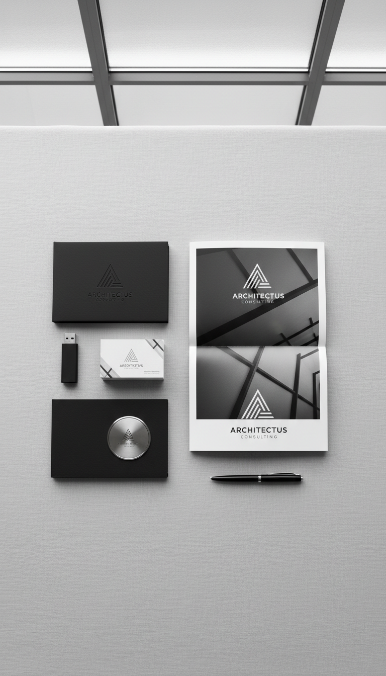 A neatly arranged branding package spread displayed atop a pale grey linen tabletop. The arrangement includes textured business cards, embossed folders, and a glossy brochure featuring a modern logo in monochrome tones. Accompanying materials like a matte black USB drive and a metallic badge add to the organized display. Ambient light from a frosted glass window creates even, diffused illumination, revealing the tactile surfaces and subtle metallic accents. The mood is sophisticated and structured, evoking trust and expertise. Captured from a direct overhead perspective for an intentionally flat lay composition, every item is meticulously aligned to convey corporate precision. This photographic, minimalist approach underscores the professional branding services central to the consultant’s offerings.