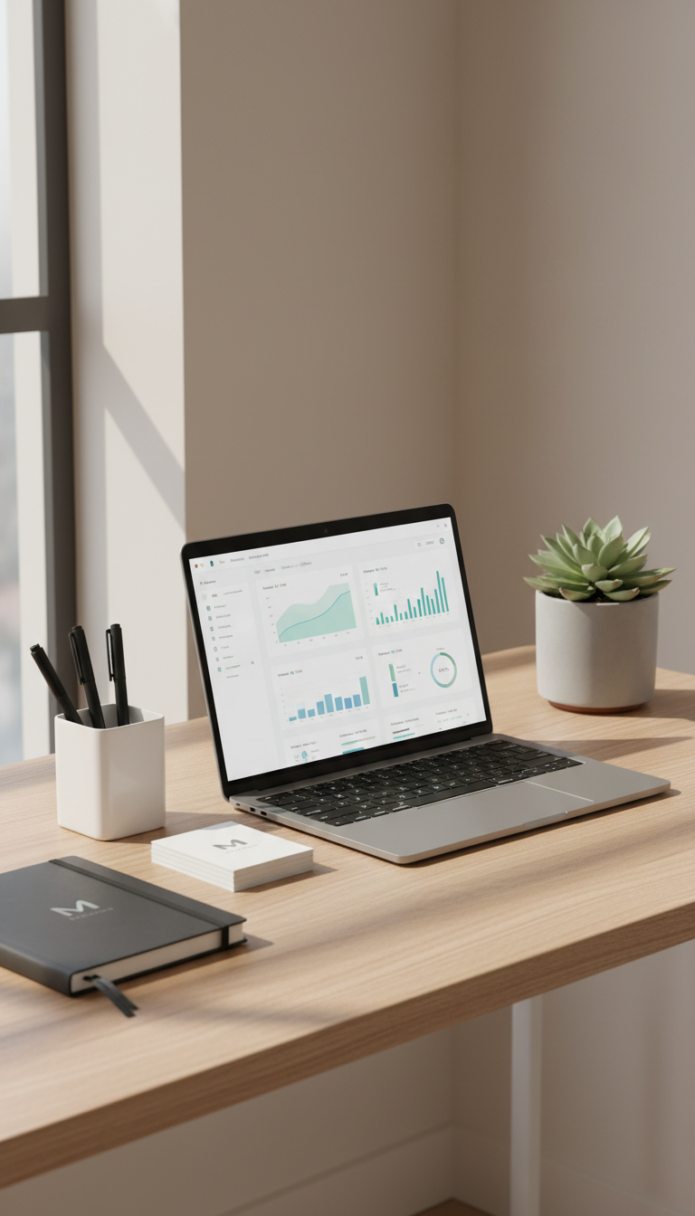 A contemporary desk workspace featuring a sleek silver laptop with a crisp, open digital dashboard displaying marketing analytics graphs. The surrounding area is organized with a matte charcoal notebook, a smooth white ceramic pen holder, and branded stationary with minimalist logos. The setting is a light oak desktop against a soft beige background, free from clutter, with subtle decor such as a muted planter. Soft daylight from a nearby window bathes the scene, casting clean, linear shadows and highlighting the neutral textures. The mood is calm, focused, and professional. Photographed from a slightly elevated, three-quarter angle with sharp focus throughout, the composition uses rule of thirds to create a sense of balance. The style is photographic realism with a clean, corporate aesthetic, perfectly suited for a marketing consultant’s business site.